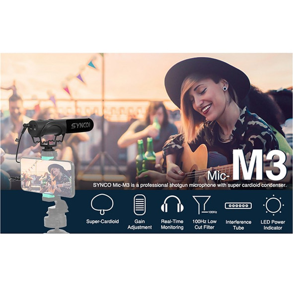 SYNCO Mic-M3 Video Shotgun Live Streaming Cardioid Microphone with Shock Mount for DSLRs/Camcorders/Smartphones/Tablets/Laptops