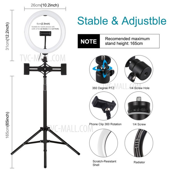 PULUZ PKT3066B 10.2inch LED Selfie Ring Light Cell Phone Clamp Tripod Stand for YouTube Blogger Video Shooting