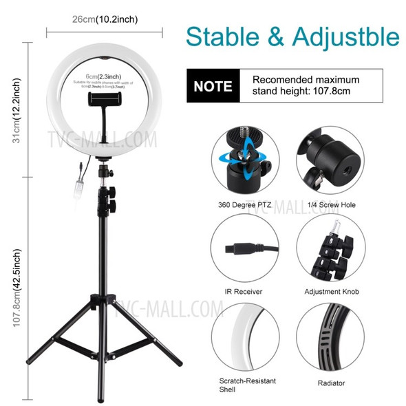PULUZ 10.2 inch & 10 Brightness Levels RGB Selfie Ring Light with 1.1m Adjustable Tripod Stand and Remote Control & Phone Clamp