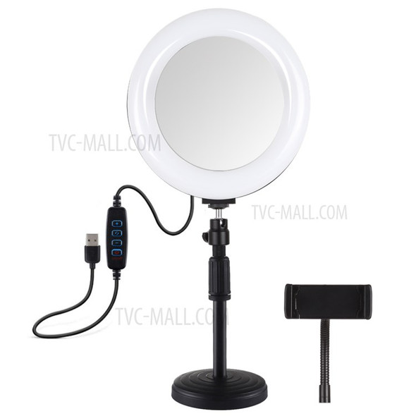 PULUZ PKT3079B 7.9-inch 20cm Mirror Light + Round Base Desktop Mount Dimmable Dual Color Temperature LED Fill Light Vlogging Selfie Photography Video Ring Lights with Phone Clamp