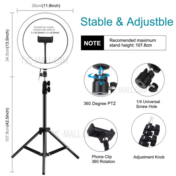 PULUZ PKT3056B 11.8-inch 30cm Ring Light + 1.1m Tripod Mount Dimmable LED Fill Light Live Broadcast Kits with Cold Shoe Tripod Ball Head & Phone Clamp