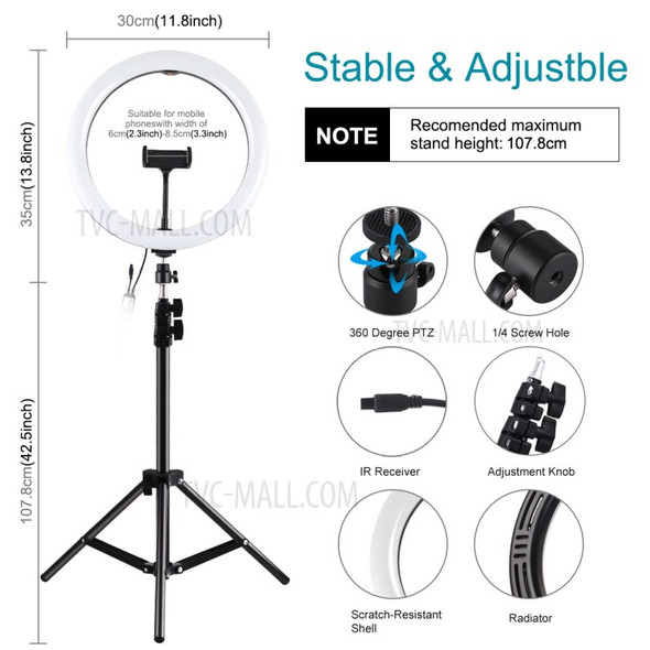PULUZ PKT3050 12-inch RGB Light 1.1m Tripod Mount Dimmable Selfie Photography Video LED Ring Lights Live Broadcast Kits - US Plug