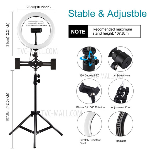 PULUZ PKT3053B Dual Phone Brackets Horizontal Holder + 1.1m Tripod Mount + 10.2-inch 26cm LED Ring Light with Phone Clamp Live Broadcast Kits