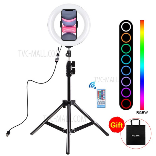 PULUZ 7.9-inch 20cm USB RGB Light+ 1.1m Tripod Mount Dimmable LED Dual Color Temperature LED Curved Light Ring Vlogging Selfie Photography Video Lights with Phone Clamp