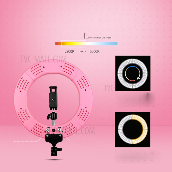 18 inch Dimmable Desktop LED Selfie Ring Light Fill-in Lamp Studio Photography Lighting with Phone Holder - UK Plug / Pink