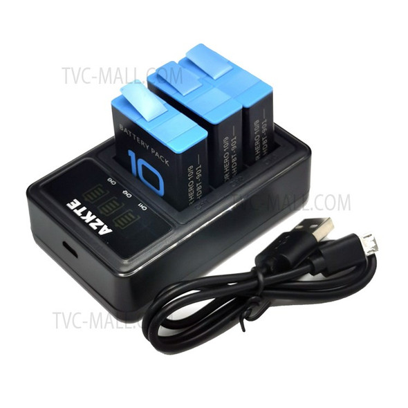 AZKTE AT1277 LCD Display Battery Charger + 3 Batteries Camera 1800mAh Battery Charging Dock Set for GoPro Hero 10/9