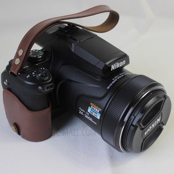Bottom Opening PU Leather Half Camera Case with Strap for Nikon Coolpix P1000 - Coffee