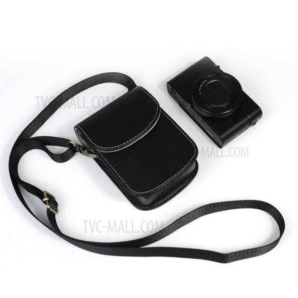 Camera Bag PU Leather Protective Case with Shoulder Strap for Canon Ricoh Sony Olympus - Black