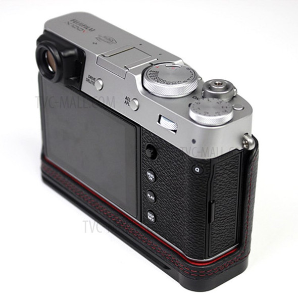 Genuine Leather Camera Half Body Cover Bottom Case Quick Release Plate Set for Fuji X100V - Litchi Texture Black