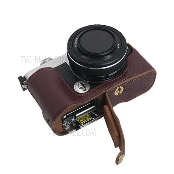 Camera Bottom Case Genuine Leather Protective Half Cover with Battery Opening for Olympus PEN E-P7/EP7 - Coffee