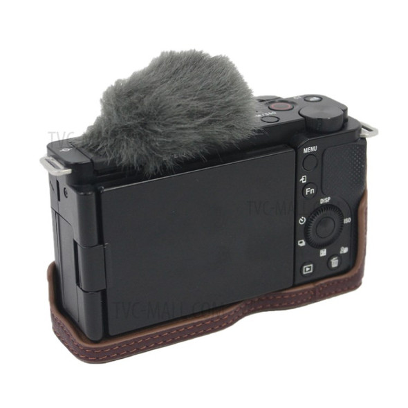 Genuine Leather Camera Bottom Case Protective Half Body Cover with Battery Opening for Sony ZV-E10 - Coffee