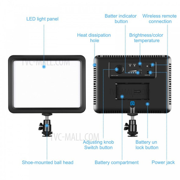 128B LED Video Light 12W Dimmable Panel Light Photo Studio Live Photography Fill Light 3300-5600K with Remote Control