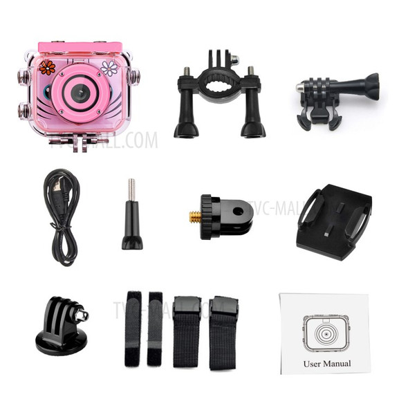 AT-G20G 2 inch LCD Screen Mini Kids Camera 12MP HD Portable Children Camera Camcorder with Build-in Games Waterproof Case (without TF Card) - Pink