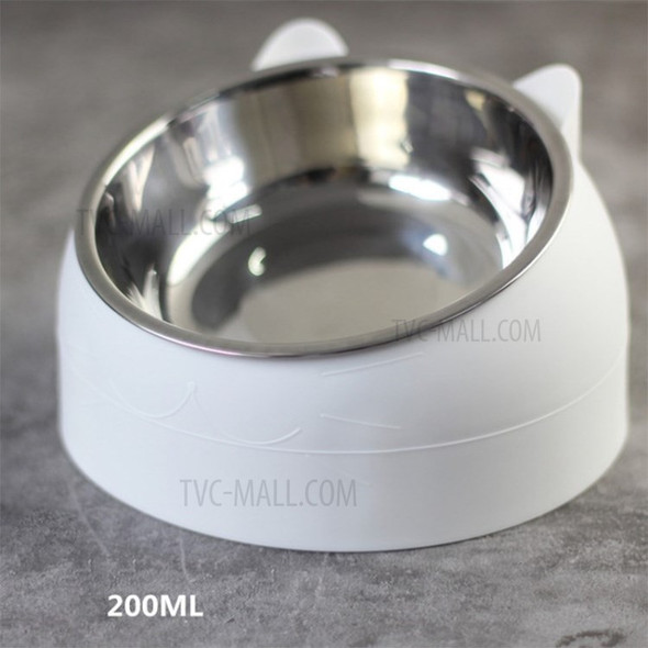 200ml Cat Dog Bowl Stainless Steel Tilted Cat Feeder Non-slip Base Pet Bowl - White