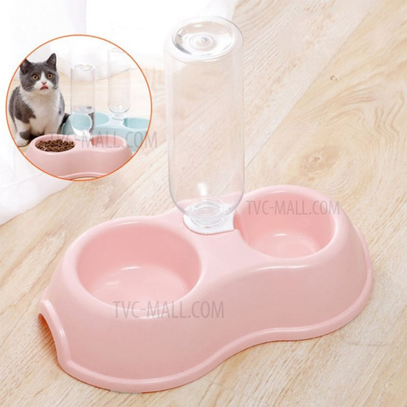 Cat Dog Bowl with Drinking Bottle Double Pet Water Feeder Bowl - Pink