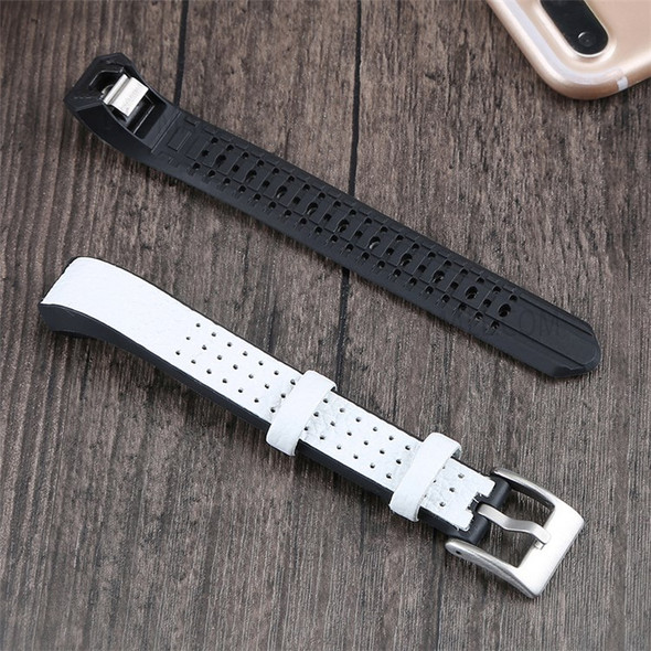 TPU+Cowhide Leather Adjustable Watch Strap Replacement Wrist Band for Fitbit Alta/Alta HR/Ace - White