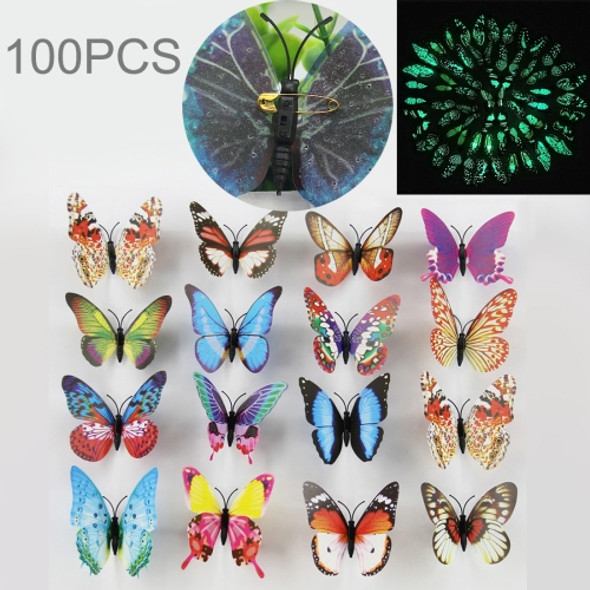 100 PCS Fashion Luminous Butterfly with Brooch Simulation Fridge Magnets Wall Sticker Garden Decoration, Random Color Delivery