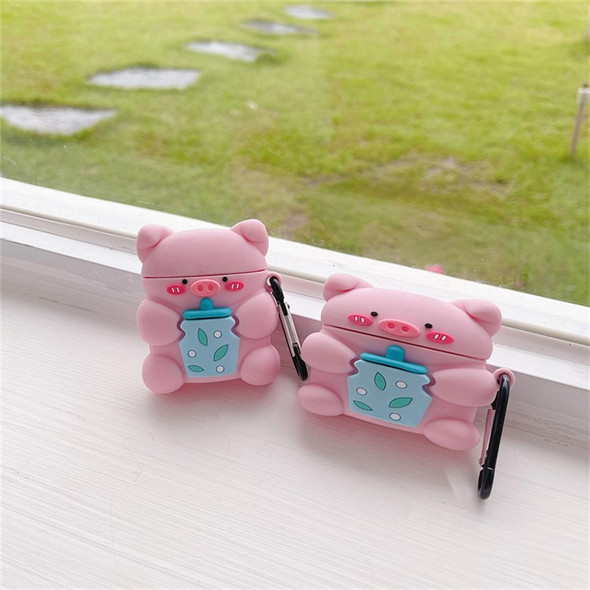 For Apple AirPods with Charging Case (2016)/(2019)/AirPods with Wireless Charging Case (2019) Charging Box Cute Piggy with Bottle Silicone Earphone Case Protector with Hook