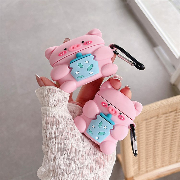 For Apple AirPods 3 Cute Piggy with Bottle Silicone Earphone Case Charging Box Anti-fall Cover Protector with Hook