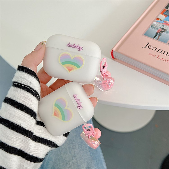 For Apple AirPods Pro Soft TPU Protective Cover Rainbow Heart Pattern Anti-fall Earphone Case with Heart Pendant