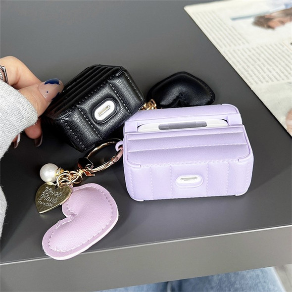 For Apple AirPods 3 Stylish Down Jacket Pattern Earphone Case Leather+TPU Anti-fall Protective Cover with Heart Pendant - Purple