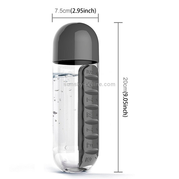 600ML Plastic Water Bottle with Daily Pill Box Organizer Drinking Bottles(Black)