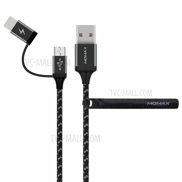 MOMAX ZERO 1m Micro USB + Type-C Sync Nylon Braided Charging Data Cable - Black