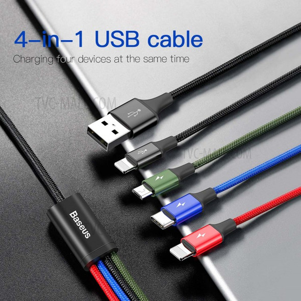 BASEUS Rapid Series 1.2m 3.5A Nylon Braided USB Cable 4-in-1 Type-C + 2 Lightning 8Pin + Micro USB Charging Cable for iPhone Samsung Huawei - Black