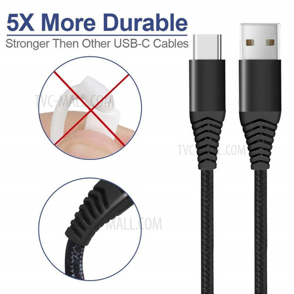 Type-C Cable, 1.8m Nylon Weaving 3A Type-C USB 3.0 Data Transfer Charging Cable for Xiaomi Huawei - Black