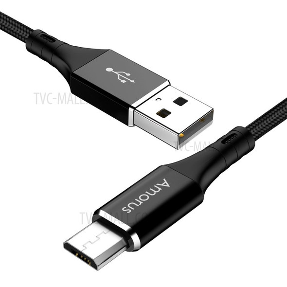 AMORUS 1M 2A Micro USB Fast Charging Cable Braided Data Round Cord Cable for Huawei Y7 Prime (2019) - Black
