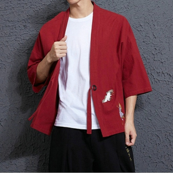 Men Loose Embroidery Hanfu Robe Cardigan, Size:XL(Red Wine)