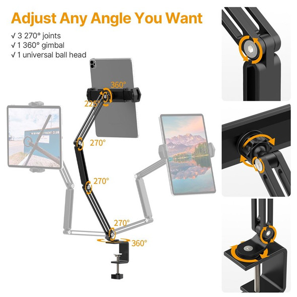 VIJIM HP001 Universal Desktop Mount Stand for Mobile Phone Rotating Holder with Adjustable Clamp Aluminum Alloy Tablet Stand for Vlog Live-Streaming Online Teaching Video Conference