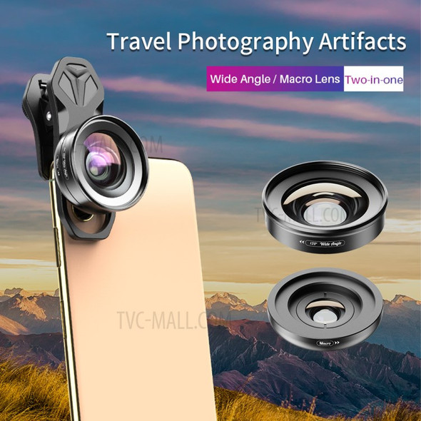 APEXEL APL-HB2IN1WM Phone Lens 2 in 1 Clip-on 10X Macro Lens + 120° Wide Angle Lens Kit