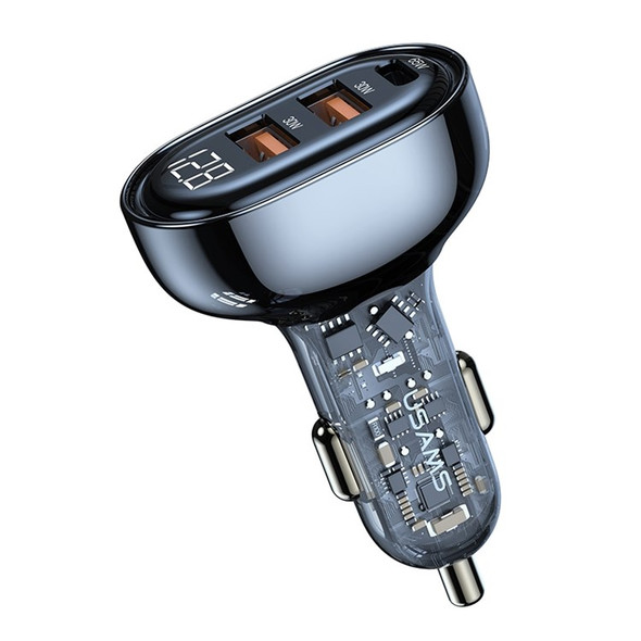 USAMS US-CC158 Icicles Series 3-Port Digital Display Transparent Car Charger 125W 2 USB-A + 1 USB-C Cigarette Lighter Adapter - Blue