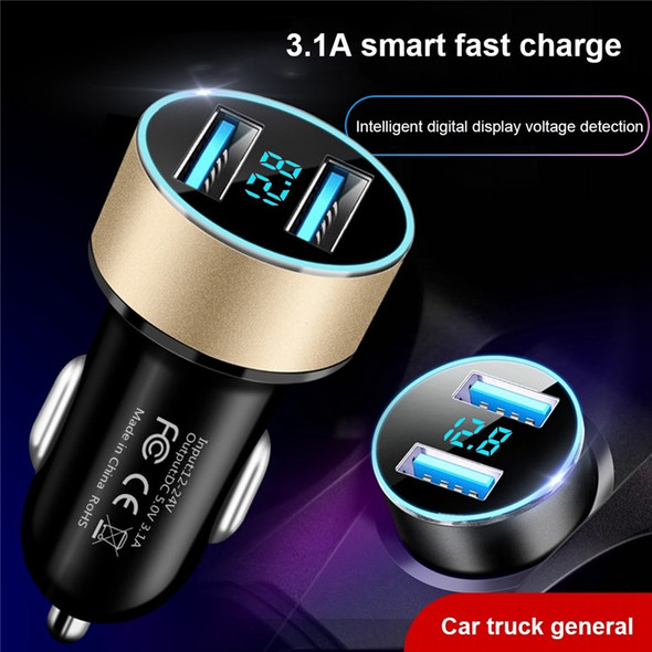 Dual USB Car Charger LED Ring Light Design 5V 3.1A Fast Charger Universal Car Phone Charger for Camera Tablets Laptops - Black / Gold