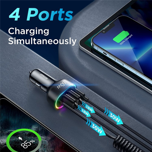 JOYROOM JR-CL19 4 in 1 USB+Type-C 60W Car Charger with 1.6m Coiled Type-C Cable PD QC Fast Charger