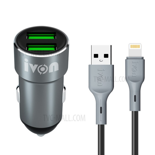IVON CC38 2.4A Dual USB Cigarette Lighter Car Charger Adapter - Lightning Cable