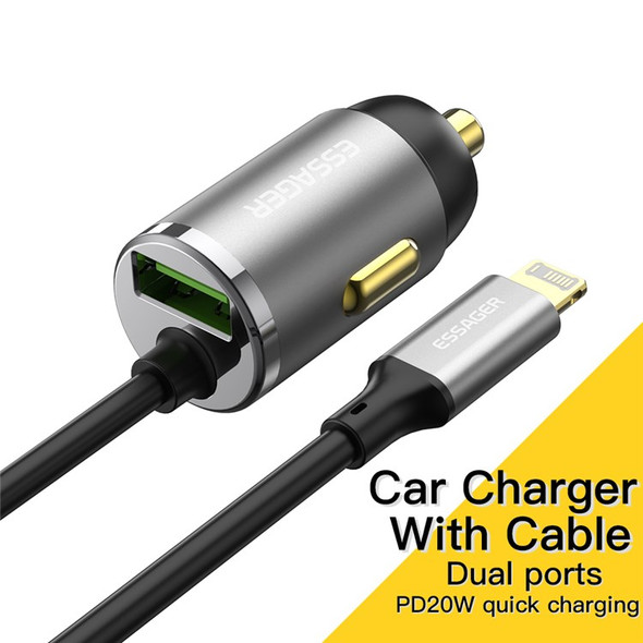 ESSAGER for 12-24V Car Lightning+USB-A Aluminum Alloy Mini Charger with Cable PD 20W Fast Charger