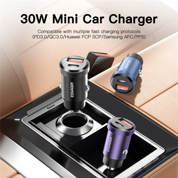 ESSAGER 30W Mini Car Charger USB-A + Type-C Dual Port Fast Charger for iPhone 12/13 - Black
