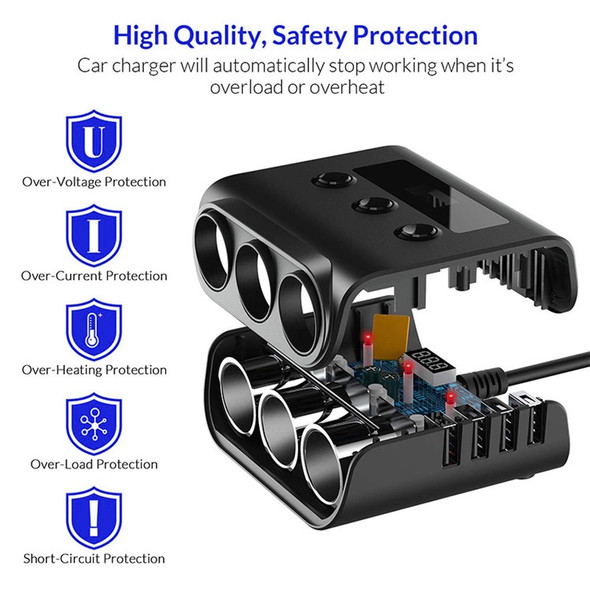 TR12 100W 4 USB Ports Car Charger LED Display Voltage Detection 3 Cigarette Lighter Sockets Charging Adapter