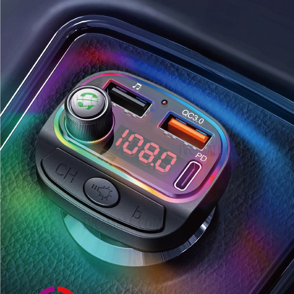 C14 Colorful Light Dual USB Car Bluetooth MP3 Music Player FM QC3.0 PD Fast Speed Phone Charger