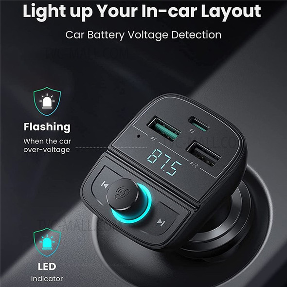 UGREEN Car FM Transmitter Bluetooth Radio Adapter 2x USB+Type-C PD 18W QC 3.0 Car Charger Support Hands-Free Calling