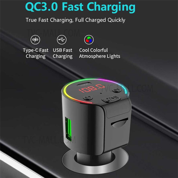 G61 Voltage Detection Car Bluetooth MP3 Player FM Transmitter USB QC3.0 + Type-C Phone Fast Charging Adapter with Colorful Light