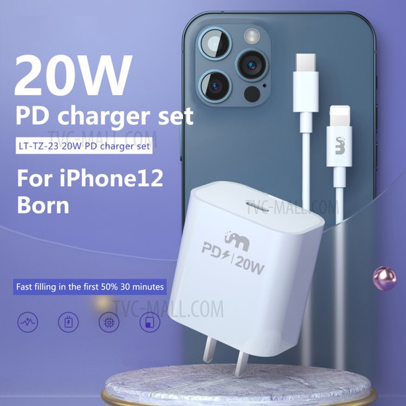 LETANG LT-TZ-23-PD 20W PD Fast Charger Type-C to Lightning Charging Cable Set for iPhone Huawei - US Plug