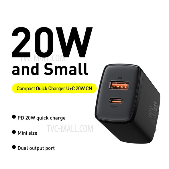 BASEUS Compact Quick Charger USB + Type-C 20W Wall Charger, CN Plug - Black