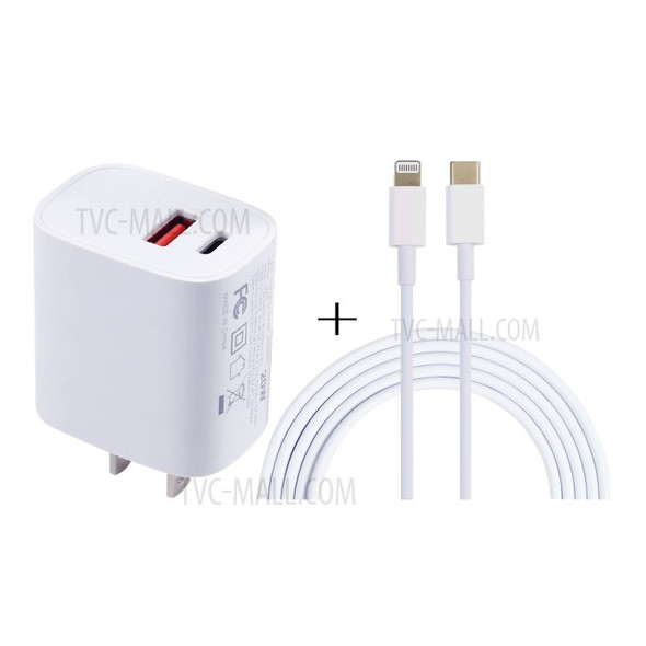 E087 20W PD Type-C+USB Wall Charger Fast Charging Power Adapter with 1m Type-C to Lightning Cable - US Plug