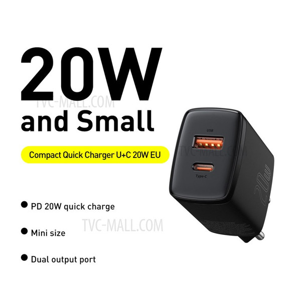 BASEUS Compact Quick Charger U+C Dual Ports 20W Adapter EU Plug - Black