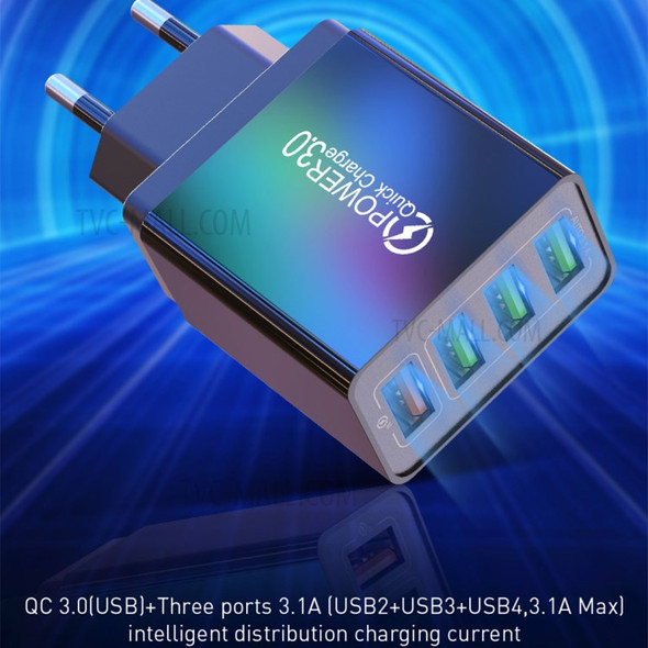 USLION 4 USB Ports QC3.0 Phone Tablet Charger Home Travel Power Adapter - Black/EU Plug