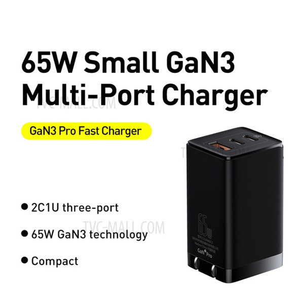 BASEUS GaN3 Pro Fast Charger 2C+U Three Ports 65W CN Plug with Type C Cable - Black