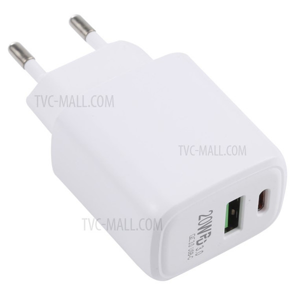 LZ-215A+C 20W QC3.0 USB + PD3.0 Type-C Dual Ports Fast Charging Travel Charger Power Adapter - EU Plug